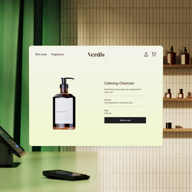 The interior of a retail store. In the foreground is the sales counter; in the background, three shelves holding skincare products. Over the scene is a browser window containing the store's website, indicating the products are for sale in store and online.
